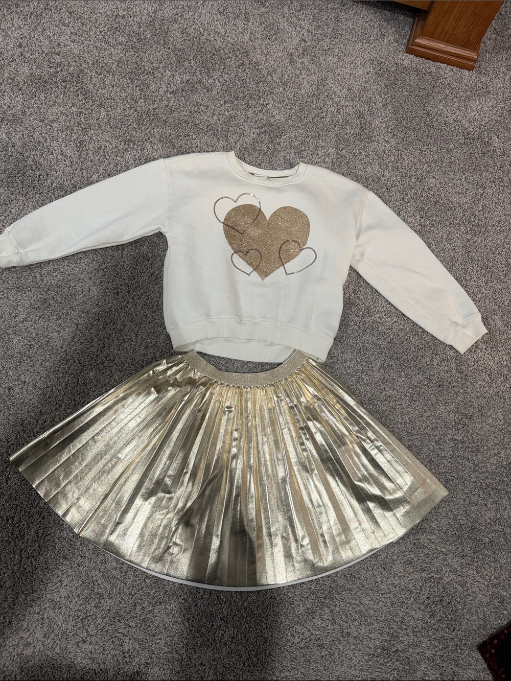 White Heart Sweatshirt and Metallic Gold Pleated Skirt Set